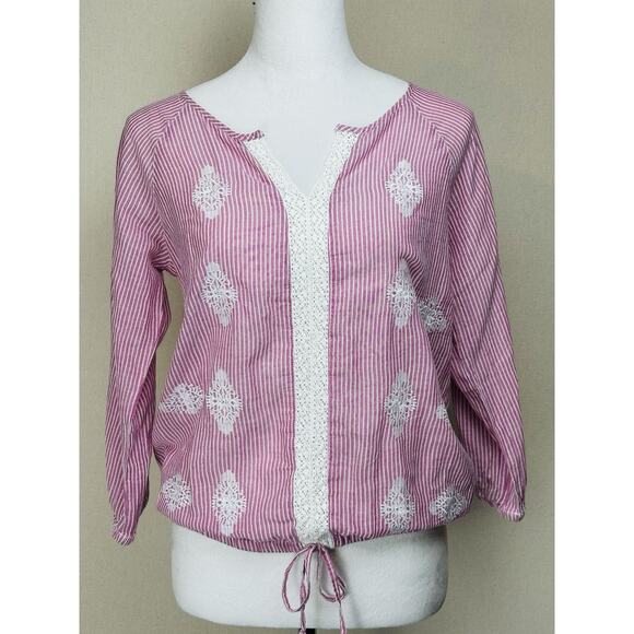 Women’s Pink White Striped Top Embroidered Lace Elastic Waist 3/4 Sleeves - Picture 1 of 13